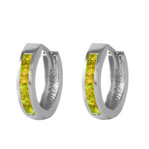 14K. SOLID GOLD HOOP HUGGIE EARRING WITH PERIDOTS (White Gold)